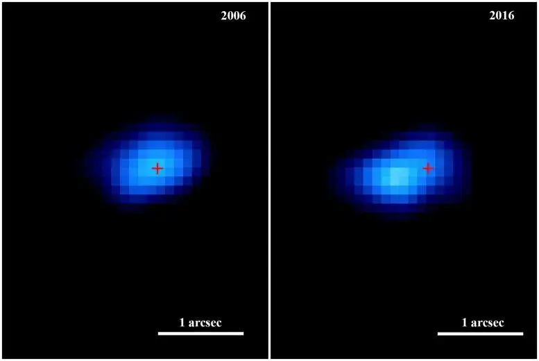 موقع النجم النابض في عامي 2006 و 2016. المصدر: الأشعة السينية: NASA/CXC/SAO/L. شي وآخرون.