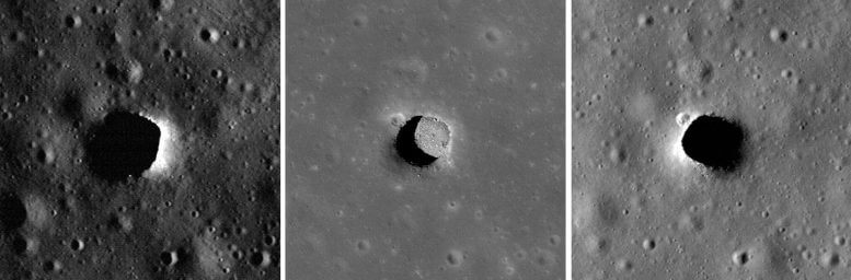 וריאציות בתאורה חושפות את המבנה של מכתשי הבורות הירחיים המרתקים. הלוח המרכזי, כאשר השמש גבוהה מעל, נותן למדענים נראה נהדר של רצפת הבור בגבעות מאוריוס. רוחבו של כל לוח הוא 300 מטר, שמאל M133207316LE, מרכז M122584310LE, ימין M114328462RE. קרדיט: נאס"א/GSFC/אוניברסיטת אריזונה סטייט