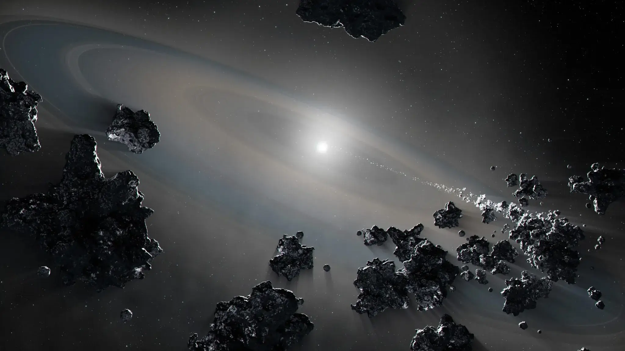 Artist's illustration shows a white dwarf star collecting debris from shattered objects in a planetary system. Credit: NASA, ESA, Joseph Olmsted (STScI)