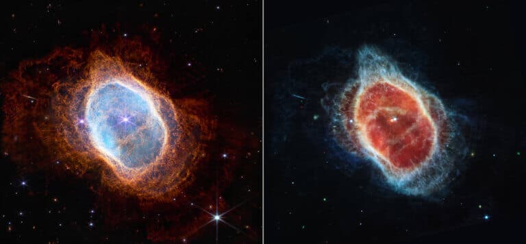 The Southern Ring Nebula as photographed by two different instruments of the Webb Space Telescope - in the near-infrared on the left, and in the mid-infrared on the right. Image credit: NASA, ESA, CSA and STScIn