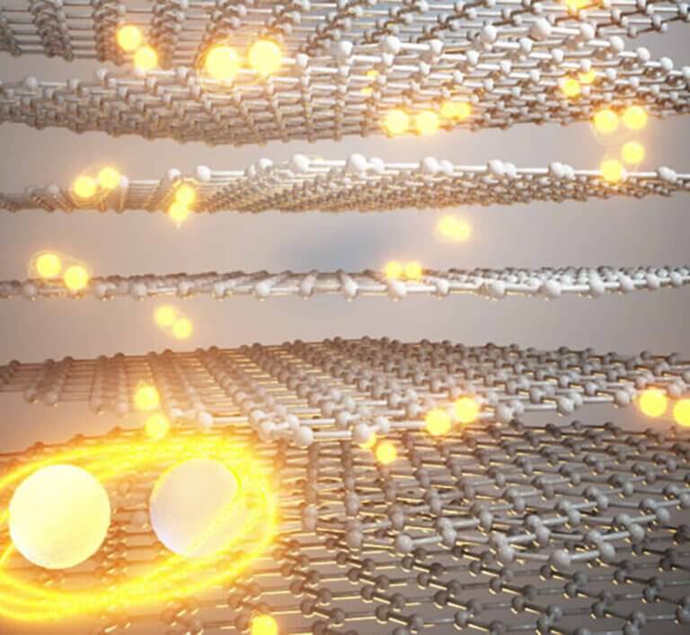 Illustration showing superconducting electron pairs within a multilayer graphene structure at the magic angle. Courtesy: [Ella Maru Studio]