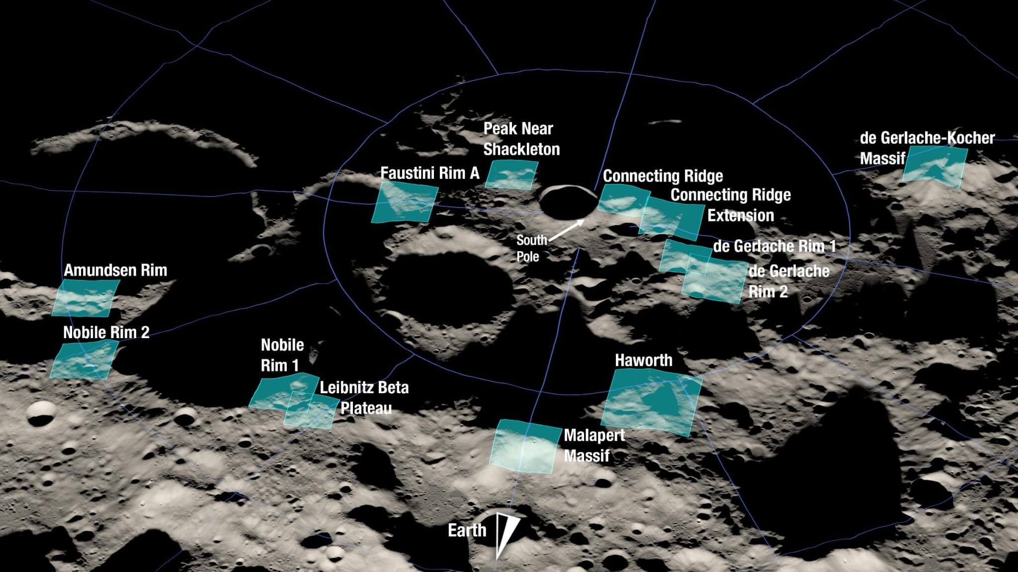 Rendering of 13 candidate landing zones for Artemis III. Each area is about 15 by 15 kilometers. A landing site is a location within those areas with a radius of about 100 meters. Credit: NASA