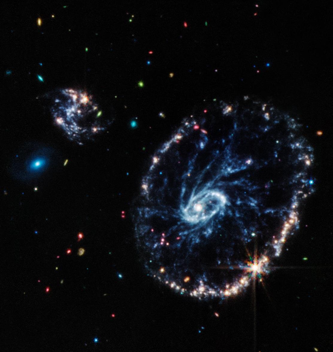 התמונה הזאת של ווב מראה קבוצת גלקסיות, ביניהן גלקסיית הגלגל. אור האינפרה אדום הבינוני מגלה פרטים קטנים על אזורי האבק והכוכבים הצעירים בין הטבעות של הגלקסיה, שעשירים בפחמימנים ותרכובות כימיות אחרות, וגם באבק סיליקט, כמו רוב האבק בכדור הארץ. קרדיט: NASA, ESA, CSA, STScI, Webb ERO Production Team