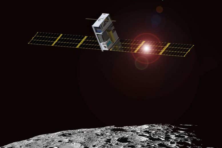 Illustration of Lunar IceCube in orbit, exploring the ice on the moon. Credit: Morehead State University