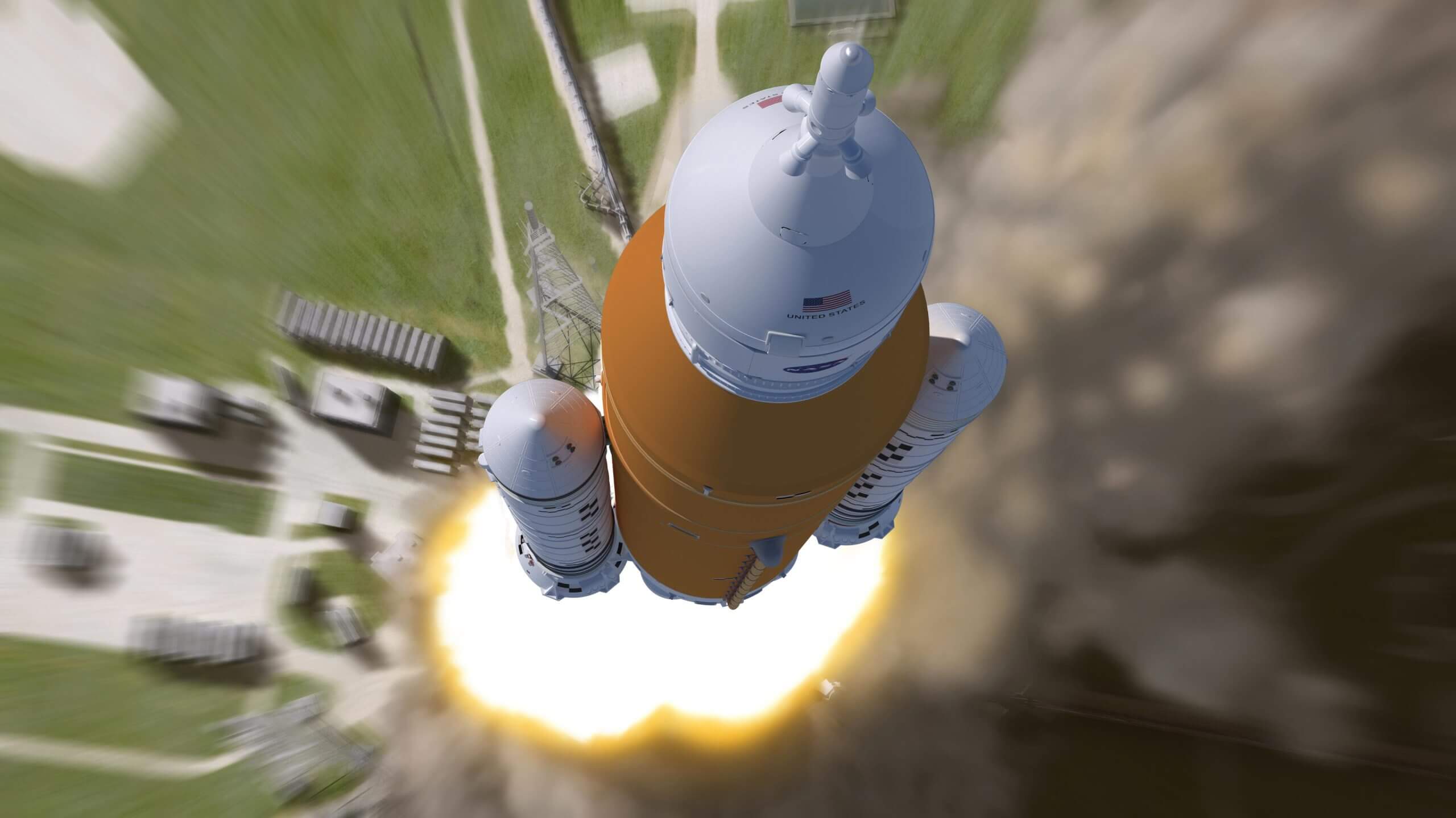 This artist impression shows an aerial view of the liftoff of a NASA Space Launch System rocket. This Block 1 crew configuration of the rocket will send the first three Artemis missions to the moon. Credit: NASA/MSFC