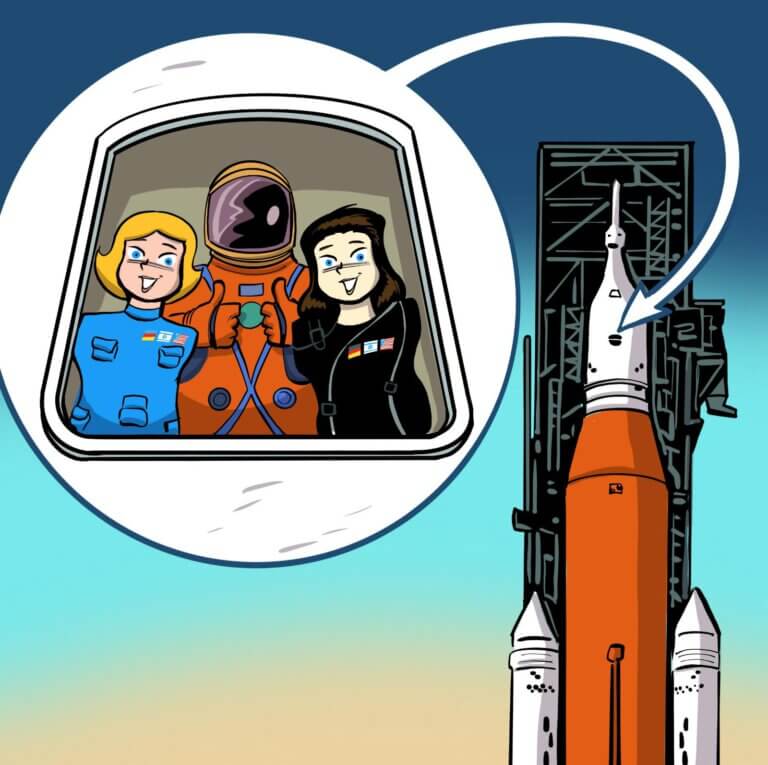 The Israel Space Agency in the Ministry of Innovation, Science and Technology publishes a unique illustration by Israeli cartoonist and illustrator Uri Fink, showing for the first time the #LunaTwins of the Artemis-I mission waiting together with NASA's Commander Monikin for liftoff!