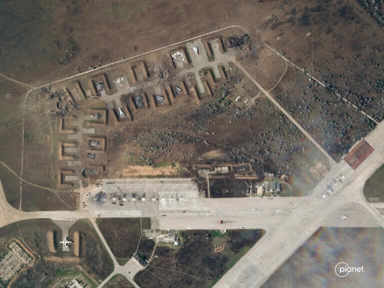 This image was taken by the Planet Labs satellite on August 10, 2022, and shows aircraft damage from a Ukrainian strike that occurred just one day earlier, on August 9, 2022. Images courtesy of Planet Labs PBC