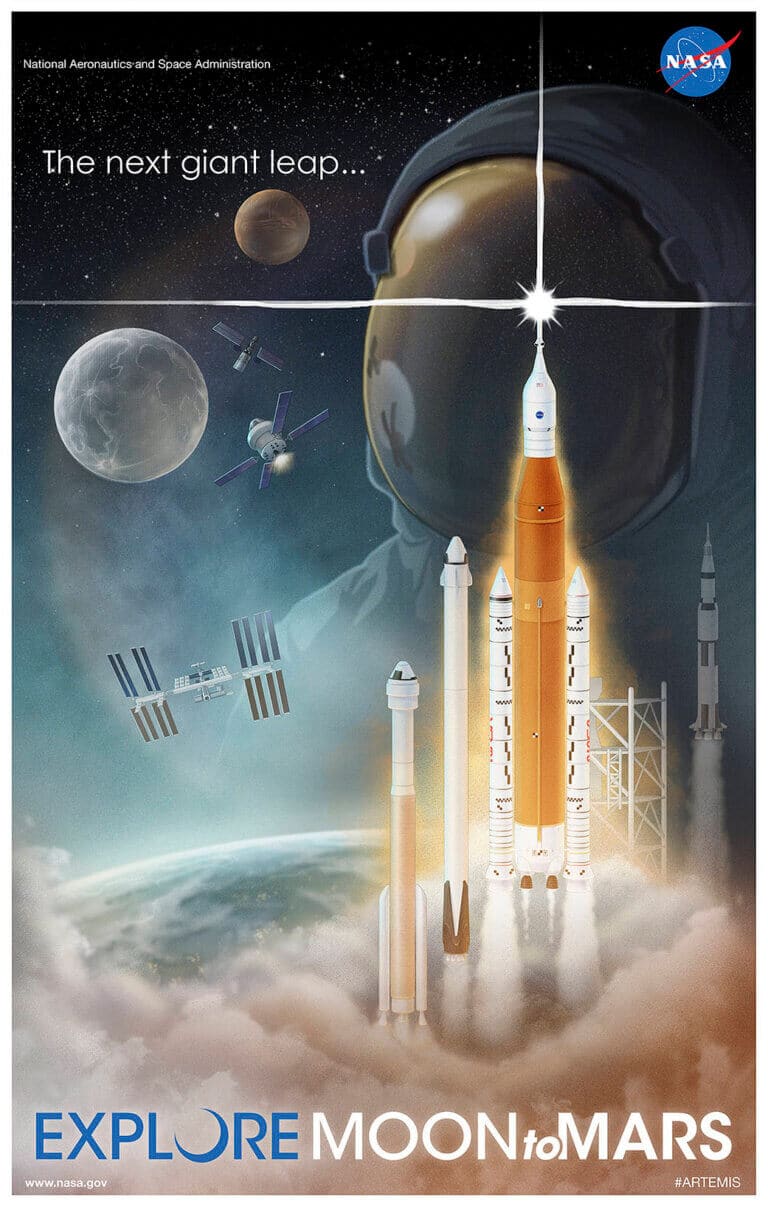 כרזה של נאס"א לקראת שיגור החללית ארטמיס 1 על גבי טיל SLS. איור: נאס"א