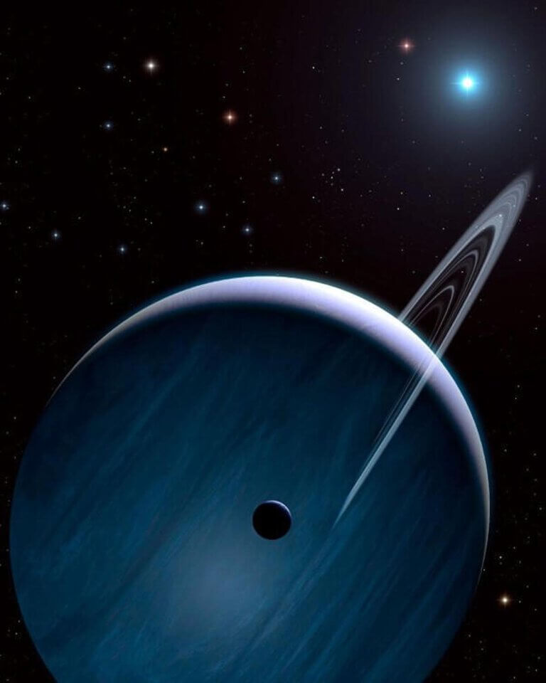 Artist impression of BEASTie. The image shows a gas giant planet (like Jupiter) in distant orbit around a massive blue star. It is likely that the planet was captured or stolen from another planet. The stars in the background belong to the same star-forming region and could be the star around which the BEASTie was born. Credit: Mark Garlick
