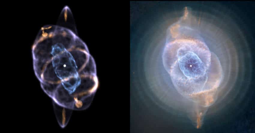 השוואה בין המודל התלת מימדי של ערפילית עין החתול שנוצר על ידי קליירמונט (משמאל) וערפילית עין החתול כפי שצולמה על ידי טלסקופ החלל האבל. קרדיט: Ryan Clairmont, NASA, ESA, HEIC; The Hubble Heritage Team (STScI/AURA)