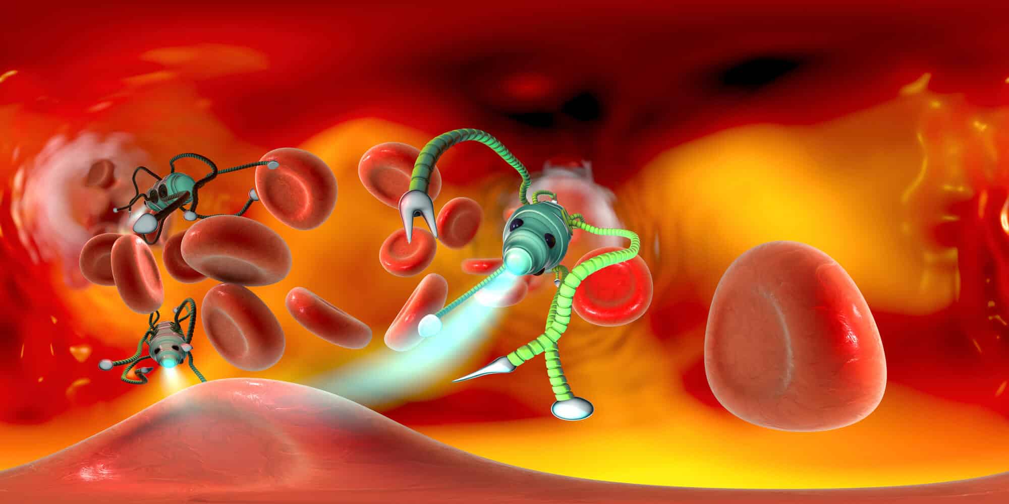 Micro robots fight bacteria inside the body. Image from a virtual reality simulation. Image: depositphotos.com