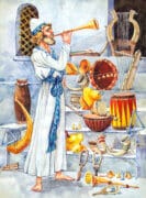 כהן תוקע בחצוצרה. לידו על מדרגות בית המקדש שאר כלי הנגינה. איור: depositphotos.com