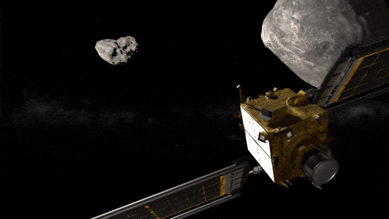 Illustration of the DART mission to divert an asteroid. Credit: NASA/Johns Hopkins APL
