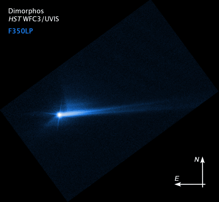 This image from NASA's Hubble Space Telescope from Oct. 8, 2022, shows debris blasted off the surface of Dimorphus 285 hours after the spacecraft's intentional impact with the asteroid on Sept. 26. The shape of the tail has changed over time. Scientists continue to study the material ejected from the asteroid as impact and how it moves through space, to better understand the asteroid. Credits: NASA/ESA/STScI/Hubble