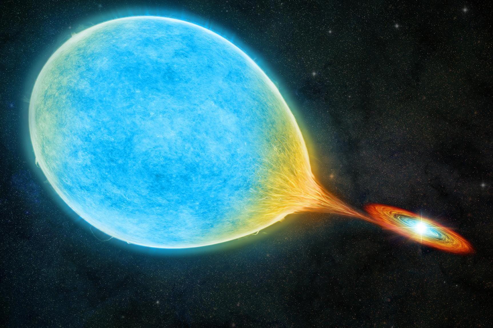 An artist's illustration shows a white dwarf (right) orbiting a large sun-like star (left) in a very short orbit, forming a "cataclysmic" binary system. Credit: M. Weiss/Center for Astrophysics Harvard & Smithsonian