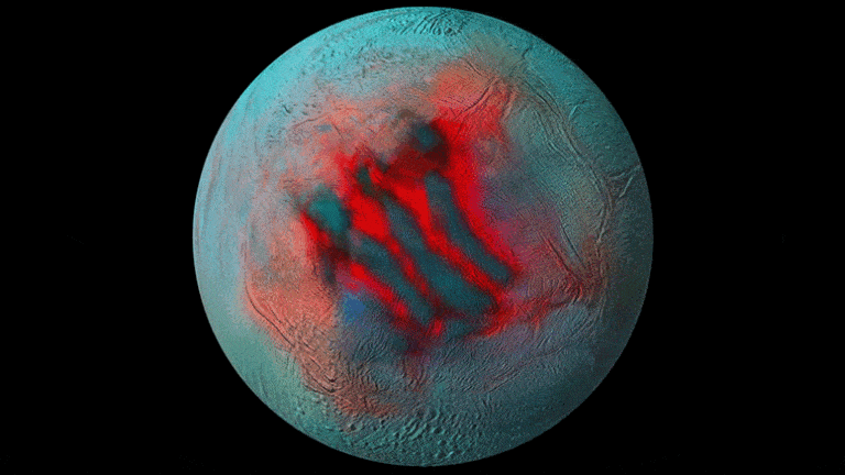 In these detailed infrared images of Saturn's icy moon Enceladus, red areas indicate freshly deposited ice on the outer surface. Credit: NASA/JPL-Caltech/University of Arizona/LPG/CNRS/University of Nantes/Space Science Institute.