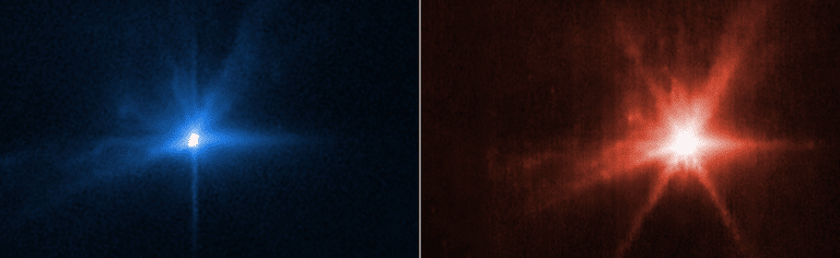 Didmus before and after the DART hit (left). Photo: Hubble Space Telescope, NASA, ESA