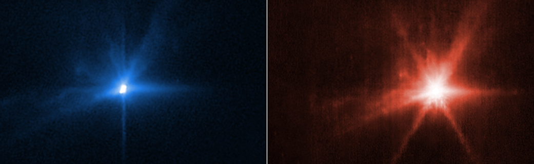 דידמוס לפני פגיעת DART (משמאל) ואחריה. צילום: טלסקופ החלל האבל, NASA, ESA