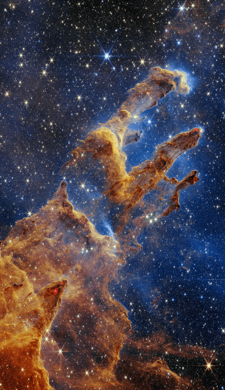 NASA's James Webb Space Telescope captured a rich and highly detailed view of the "Pillars of Creation." A region where new stars form within dense clouds of gas and dust previously captured in an iconic image by the Hubble Space Telescope in its early days. Credits: NASA, ESA, CSA, STScI; Joseph DePasquale (STScI), Anton M. Koekemoer (STScI), Alyssa Pagan (STScI).