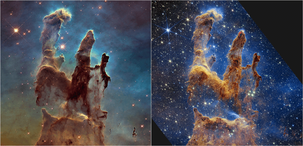 משמאל הצלום המאוחר יותר של האבל משנת 2014 של "עמודי הבריאה" בו רואים מבט חד ורחב יותר של האיזור באור הנראה, המוצג בתמונה השמאלית - בעיקר בחלק העליון. מימין מבט חדש, באור אינפרה-אדום קרוב מטלסקופ החלל ג'יימס ווב של נאס"א,  עוזר לנו להציץ דרך יותר מהאבק באזור יצירת הכוכבים הזה. העמודים החומים העבים והמאובקים כבר אינם אטומים כל כך, ונראים בה גם כוכבים אדומים רבים בתהליך היווצרותם. קרדיטים: נאס"א, ESA, CSA, STScI; ג'וזף דה פסקואלה (STScI), אנטון מ. קוקמור (STScI), אליסה פגאן (STScI).