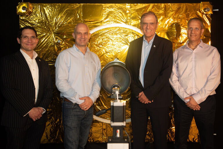 From right to left: Avi Berger, lieutenant colonel in the reserves, head of the space program at Mophat Moshebat, Aryeh Helzband, CEO of Astroscale Israel, Amir Geber, VP of programs of Astroscale Israel, Ron Lopez, president and director of Astroscale USA. Photography: Dwight Dahan