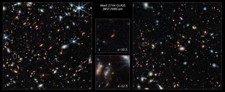 Two of the most distant galaxies ever seen have been revealed in Webb Space Telescope images of the outer regions of the giant galaxy cluster Abell 2744. The galaxies are not inside the cluster, but many billions of light-years behind it. The galaxy shown in the top image in the center was extracted from the image on the left. It existed only 450 million years after the big bang. The galaxy shown in the lower center image is drawn from the image on the right. It existed 350 million years after the big bang. Both galaxies appear to be very close in time to the Big Bang that occurred 13.8 billion years ago. These galaxies are tiny compared to our Milky Way. Webb Space Telescope photo, ESA/NASA