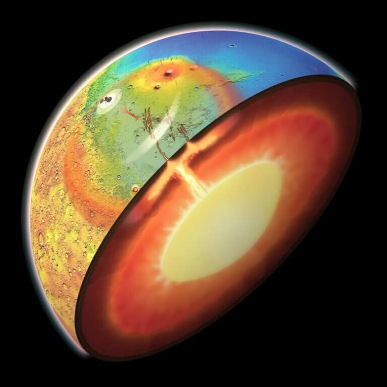 An artist's impression of an active mantle plume rising from the depths of Mars and pushing up the Elysium plain. Credit: Adrien Broquet & Audrey Lasbordes
