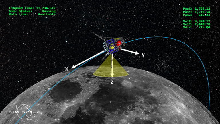 הדמיית נחיתת החללית בראשית2 במערכת הסימולציה של סים דוט ספייס. צילום SPACEIL