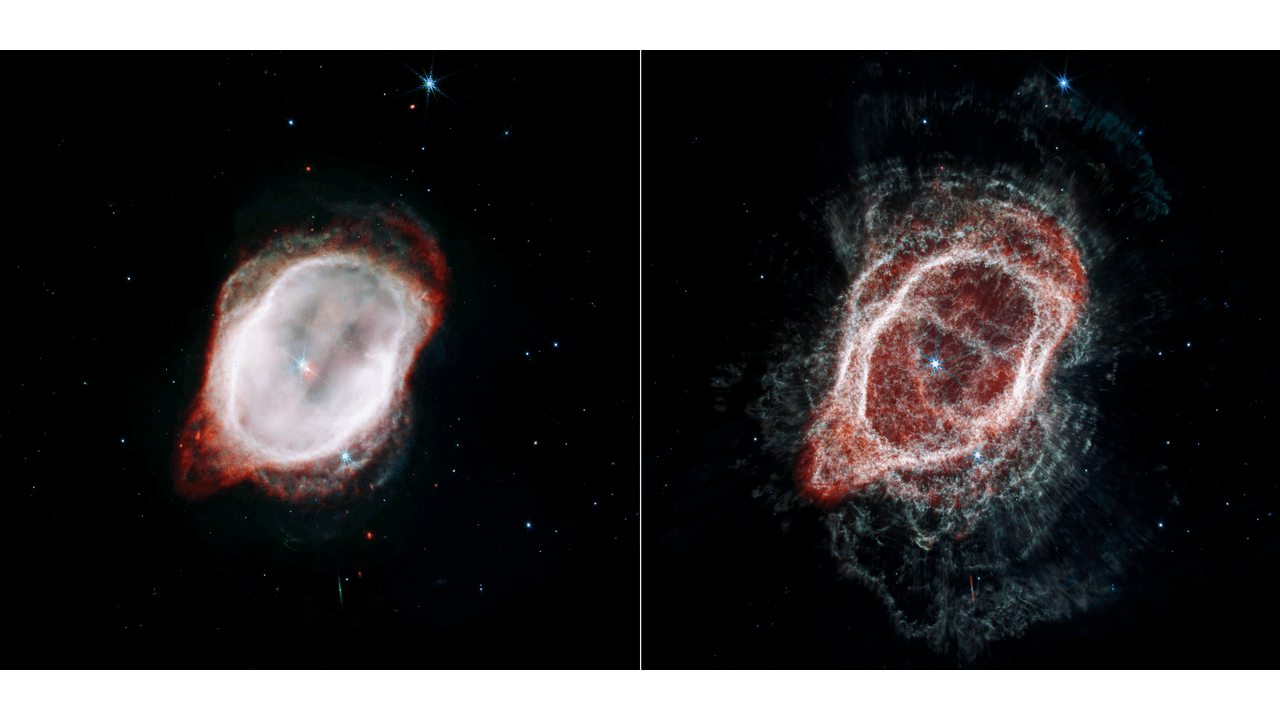 בתמונה: שני מבטים על הגז בערפילית הטבעת הדרומית, המתבססים על נתונים עדכניים מטלסקופ החלל ווב. צילום: נאס"א