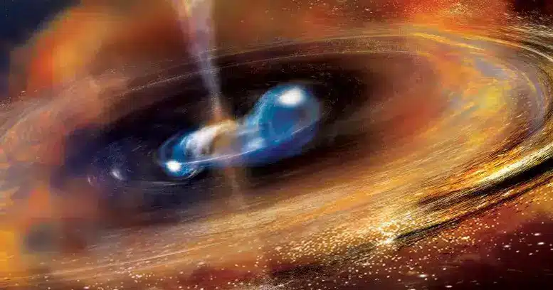 Artist's rendering of a gamma-ray burst caused by a powerful collision between two massive neutrino stars after their spiral dance of death.  In addition to high-energy radiation and material emitted in a narrow jet, the event is thought to be the main factory in the universe of heavy elements, including gold and platinum.  Credit: A. Simonnet (Sonoma State University) and Goddard Space Flight Center
