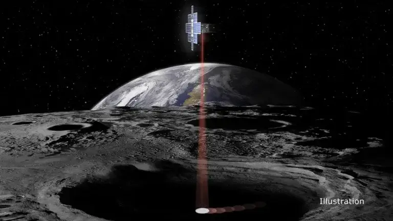 This artist rendering shows the briefcase-sized probe Lunar Flashlight using its near-infrared lasers to illuminate dark polar regions on the moon and search for water ice. Credit: Credit: NASA/JPL-Caltech