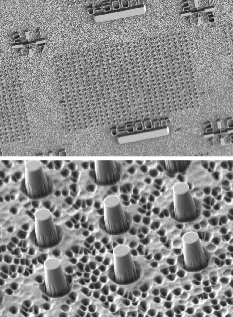 The setup the researchers use: a thin membrane made of diamond 30 microns thick with an average of one sensor at the top end of each column. The top image - magnification 2,640 times, the bottom - 32,650 times