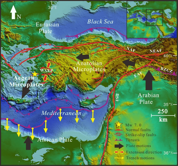 The movement of three tectonic plates "acting in opposite directions causes frequent seismic activity in this region. Meng, J., Sinofelo, A., Zhou, Z., et al. Greece and Turkey shaken by African tectonic retreat. Sci Rep 11, 6486 (2021). https://doi.org/10.1038/s41598-021-86063-y, CC BY-NC
