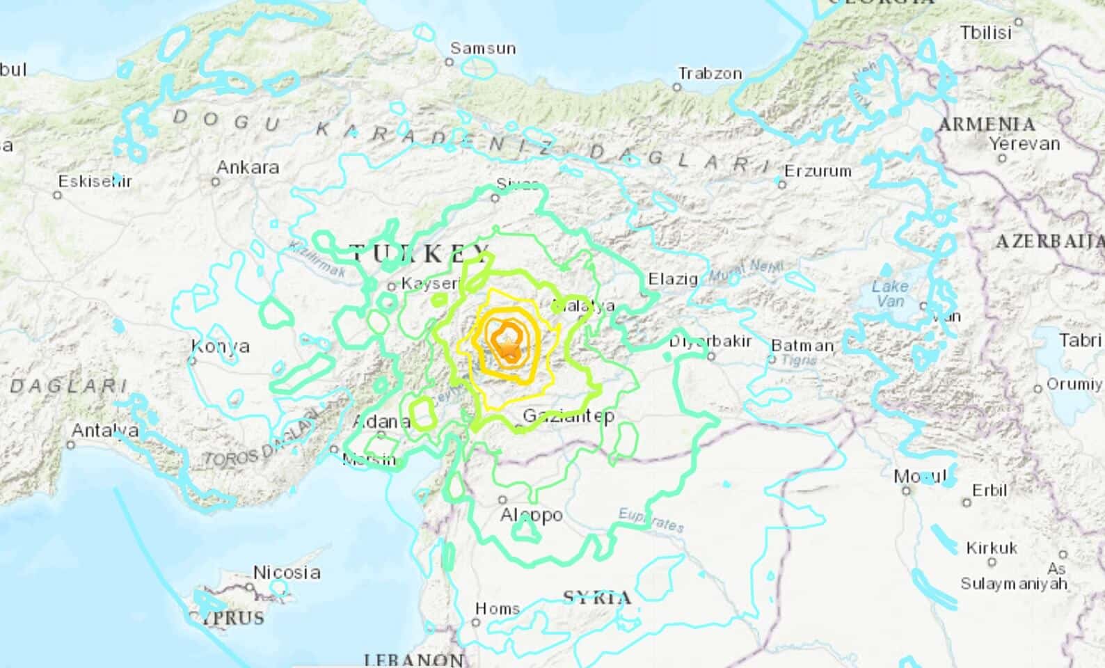 מפת רעידת האדמה הראשונה שהתרחשה בדרום טורקיה ב-6/2/22 בשעה 03:00 שעון ישראל לערך. צילום מסך מאתר השירות הגיאולוגי האמריקני USGS