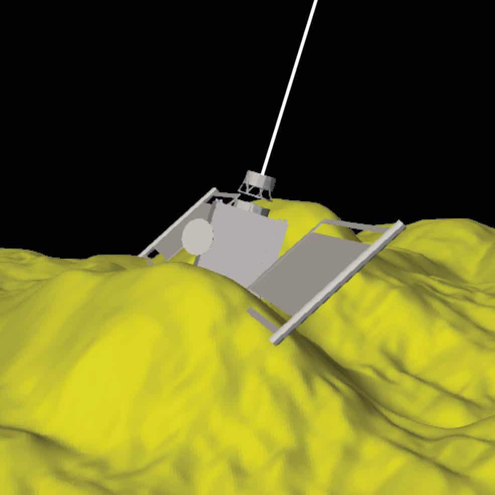 When the DART spacecraft crashed into the dimorphous asteroid, the body of the spacecraft hit between two large rocks and the two solar panels hit the rocks themselves. The yellow surface is a digital ground model of the impact site prepared from DART images, and the image of the DART spacecraft shows its position a few tens of milliseconds before impact. The white line coming out of the back of the spacecraft shows the trajectory of the spacecraft. The length of the spacecraft's body was about 1.30 meters from front to back. Credit: NASA/Johns Hopkins APL