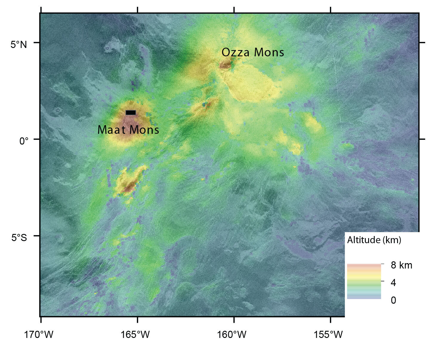 Image 1. Topography and SAR image of the research area on Venus. Color indicates altitudes, measured relative to the planet's mean radius from Magellan's reticulated altitude data. The X and Y axes represent geographic longitude and latitude of the planet. From the study.