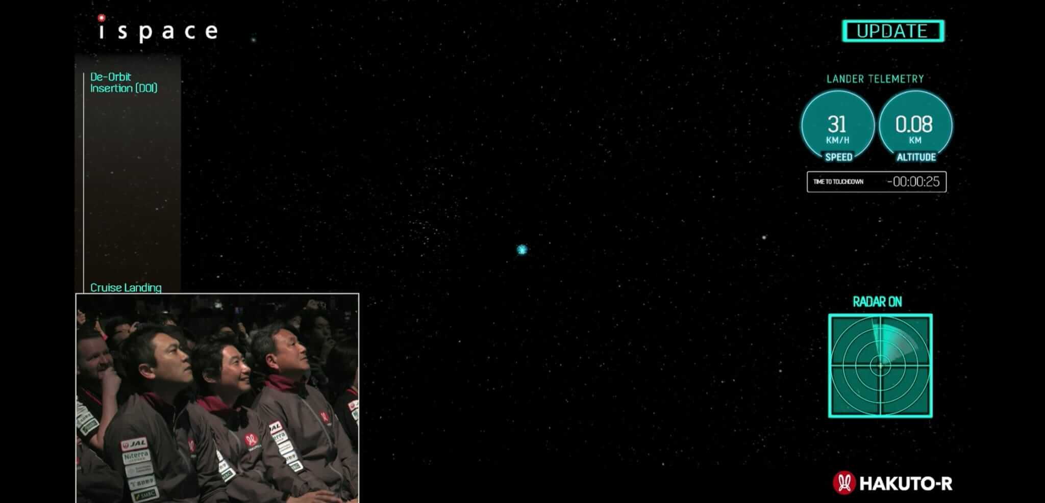 The last communication from the Hakuto-R spacecraft three seconds before the scheduled landing. Screenshot from the live broadcast