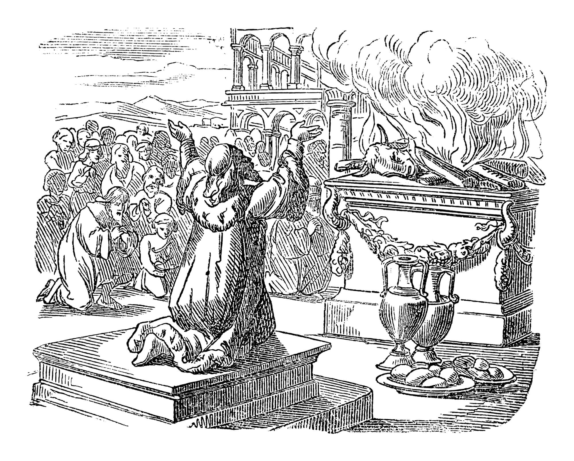 איור המתאר את שלמה המלך מקריב את הקורבן הראשון בבית המקדש.  <a href="https://depositphotos.com. ">המחשה: depositphotos.com</a>
