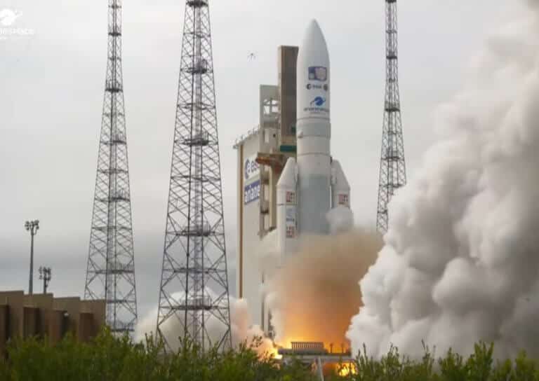 The launch of the JUICE spacecraft from the Coro Space Center in French Guiana. Screenshot from the European Space Agency and Ariane Space TV