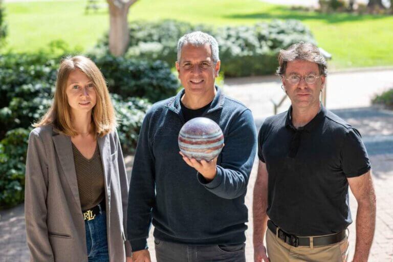 The members of the space mission from the Weizmann Institute of Science (right to left): Dr. Eli Galanti, Prof. Yohai Caspi and Maria Smirnova