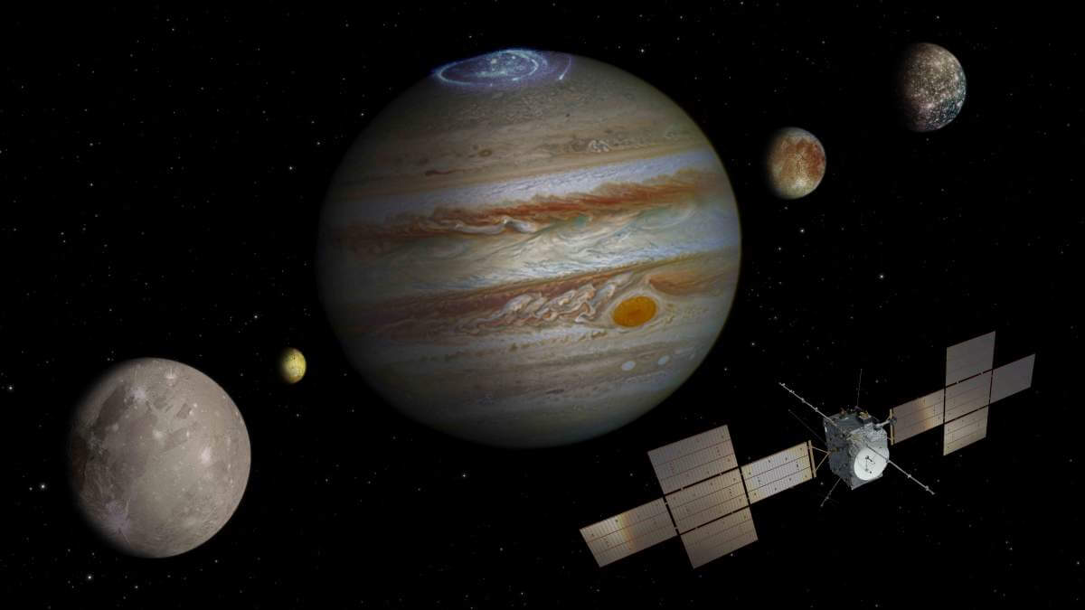 المركبة الفضائية JUICE في محيط كوكب المشتري (وسط). على اليمين: القمران كاليستو ويوروبا، على اليسار: جانيميد وآيو (باللون الأصفر) - القمر البركاني لكوكب المشتري الذي لم يتم تضمينه في قلب المهمة (الصورة مقدمة من وكالة الفضاء الأوروبية)