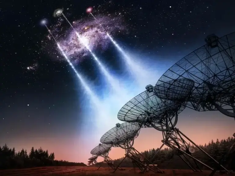 שלושה פרצי רדיו מהירים חדשים שגילה הטלסקופ וסטרבורק שבהולנד חדרו את ההילה של שכנתנו גלקסיית המשולש. קרדיט: ASTRON/Futselaar/van Leeuwen