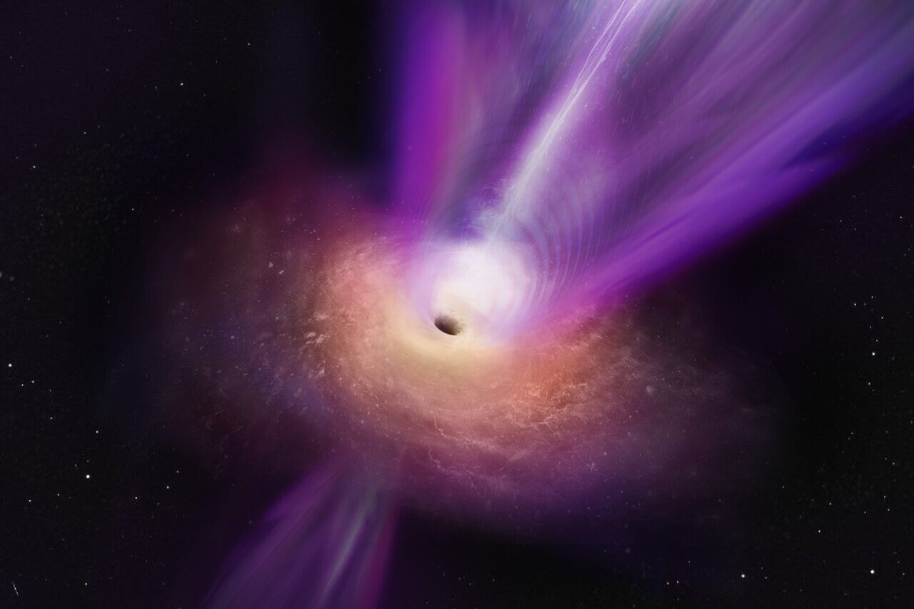 מדענים שצפו בליבת הרדיו הקומפקטית של M87 גילו פרטים חדשים על החור השחור הסופר-מסיבי של הגלקסיה. לפי תפיסתו של אמן זה, הסילון המסיבי של החור השחור נראה עולה ממרכז החור השחור. התצפיות שעליהן מבוסס איור זה מייצגות את הפעם הראשונה שבה הסילון וצל החור השחור צולמו יחד, ומספקות למדענים תובנות חדשות על האופן שבו חורים שחורים יכולים לשגר את הסילונים רבי העוצמה האלה. באדיבות ESO