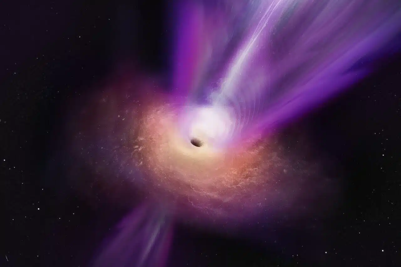 Scientists observing the compact radio core of M87 have discovered new details about the galaxy's supermassive black hole. In this artist's view, the black hole's massive jet appears to rise from the center of the black hole. The observations on which this figure is based represent the first time the jet and the black hole's shadow have been imaged together, providing scientists with new insights into how black holes can launch these powerful jets. Courtesy of ESO