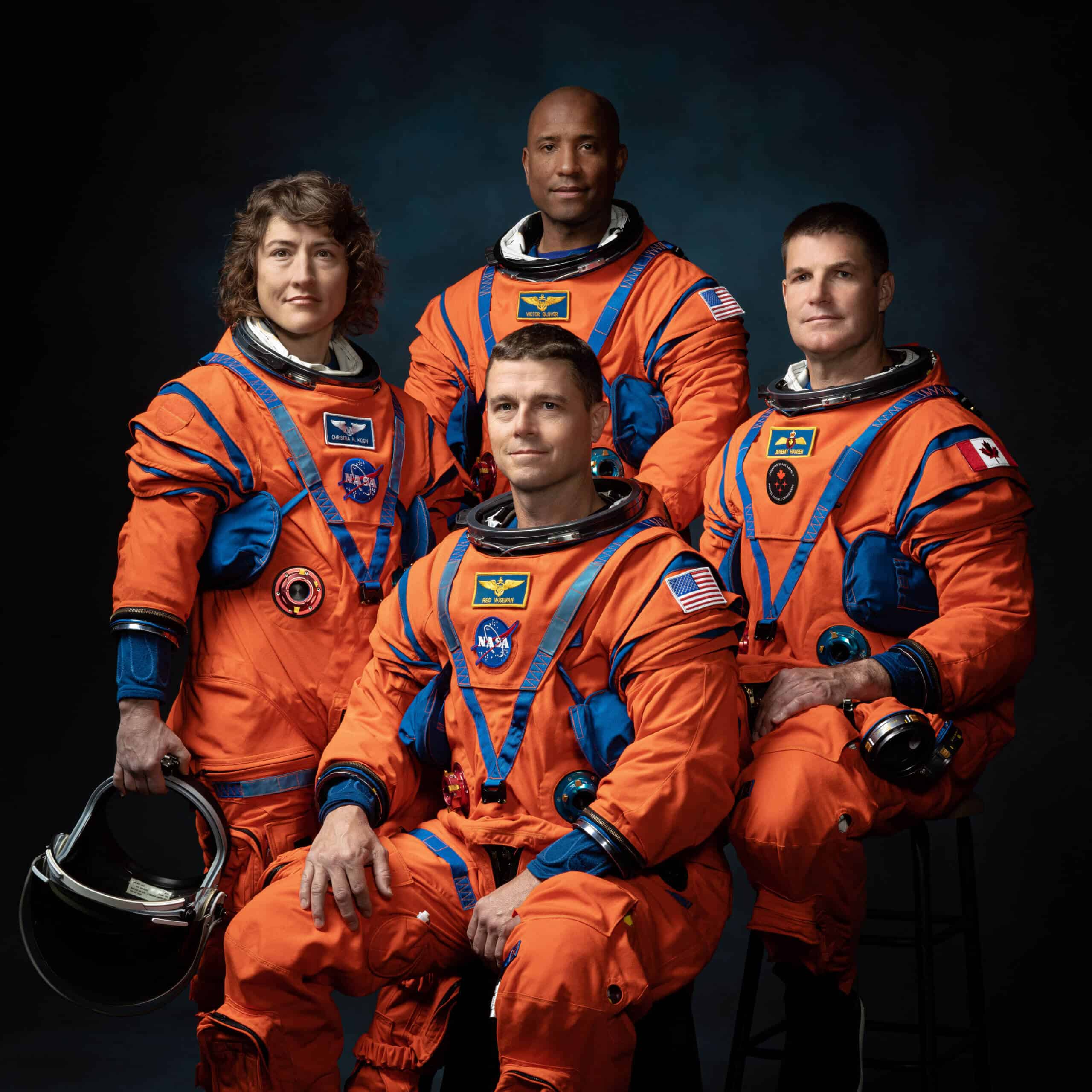 The crew of NASA's Artemis 2 mission (left to right): NASA astronauts Christina Hemock Cook, Reed Wiseman (seated), Victor Glover and Canadian space agency astronaut Jeremy Hansen. Credit: NASA