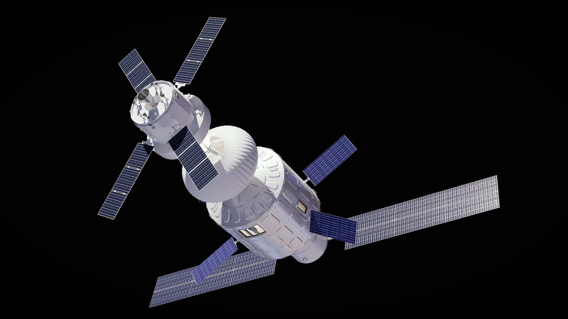 The space module The Airbus Loup is seen in this figure attached to another spacecraft and an inflatable component. © Airbus 2023; Airbus Defense and Space GmbH 2023
