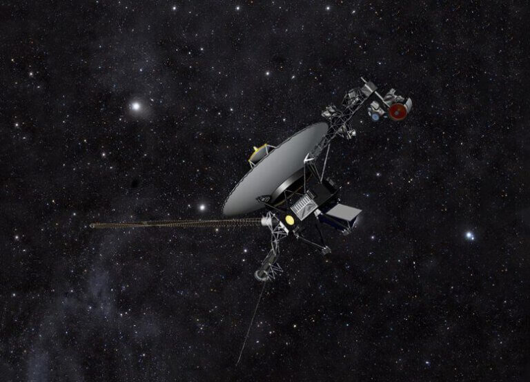 This artist's impression shows NASA's Voyager spacecraft against a field of stars in the darkness of space. The two Voyager spacecraft are moving farther and farther from Earth on their journey into interstellar space, eventually orbiting the center of the Milky Way galaxy. Credit : NASA/JPL-Caltech