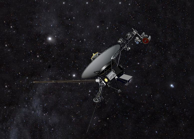 התרשמות אמן זאת מציגה את חללית וויאג'ר של נאס"א על רקע שדה כוכבים בחשכת החלל. שתי החלליות של וויאג'ר נעות יותר ויותר רחוק מכדור הארץ, במסע לחלל הבין-כוכבי, ובסופו של דבר יסתובבו סביב מרכז גלקסיית שביל החלב. קרדיט: NASA/JPL-Caltech