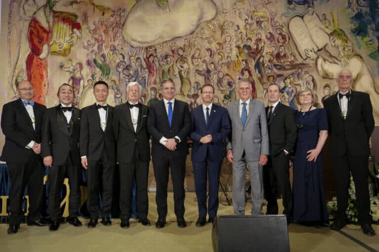 The winners of the Wolf Prize for 2023 at a ceremony in the Knesset together with President Yitzhak Herzog, Minister of Education Yoav Kish and Chairman of the Wolf Prize Foundation Prof. Dan Shechtman. Photo courtesy of the Wolf Foundation
