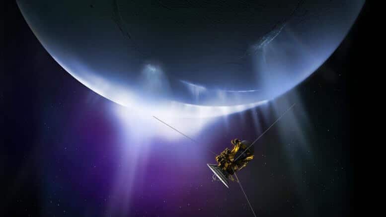 התרשמות אמן של החללית קסיני טסה דרך תימרות שמתפרצות מהקוטב הדרומי של הירח של שבתאי אנקלדוס. תימרות אלה דומות מאוד לגייזרים ופולטות תערובת של אדי מים, גרגירי קרח, מלחים, מתאן ומולקולות אורגניות אחרות. קרדיט: NASA/JPL-Caltech
